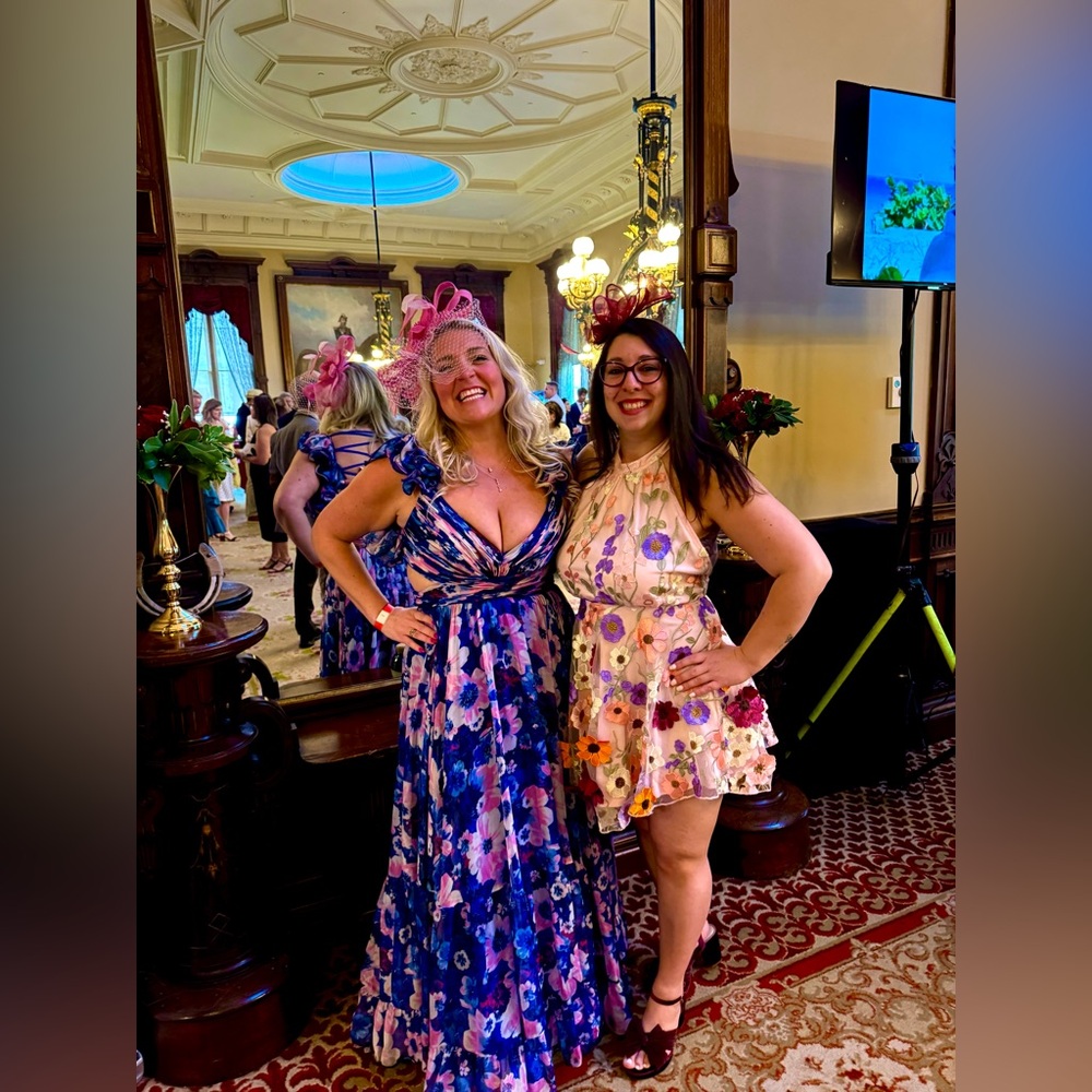 Mac Duggal Blue and Pink Floral Maxi Dress